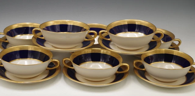 Lenox Cobalt Gold Encrusted Set Of 8 Bouillon Cream Soup Cups And Saucers C.1910