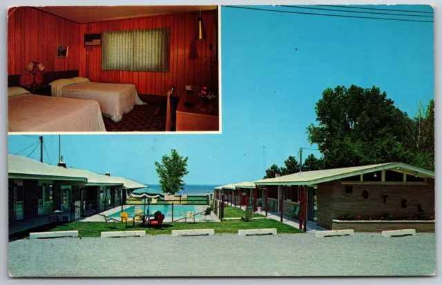 Port Austin MI Beachcomber Motel Postcard c1950s Swimming Pool Lake Huron