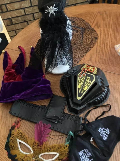 Assorted Halloween Accessories. Jesters Hat, Leather Belt and Wristband Masks
