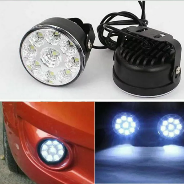 2x 12V White 9 LED Round Daytime Running Lights DRL Car Fog Day Driving Lamp NEW