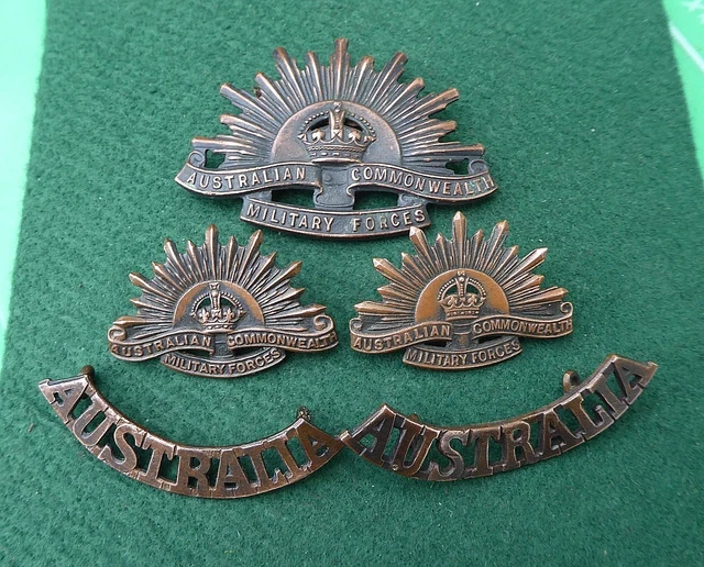 WW11 AIF AUSTRALIAN Rising Sun Hat Badge, Collar And Shoulder Title Set ...