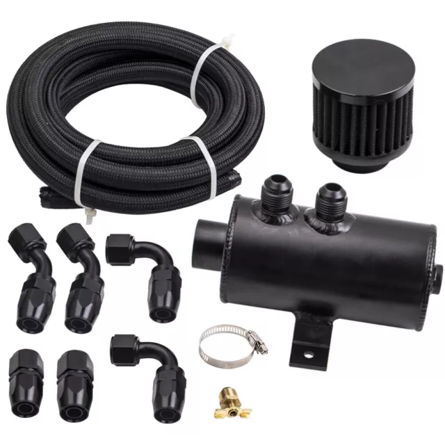 Aluminium Baffled Engine Oil Catch Can 0.75L Twin Port AN10 +3M Hose Fitting Kit