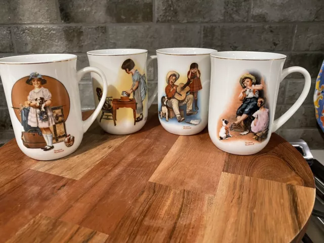 4 - Vintage Norman Rockwell 1981 Coffee Cups ~ Mugs Gold Trim 8oz Lot of 4 NEW