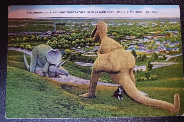 vintage postcard Tyrannosaurus Rex and Triceratops Rapid City SD Linen unposted