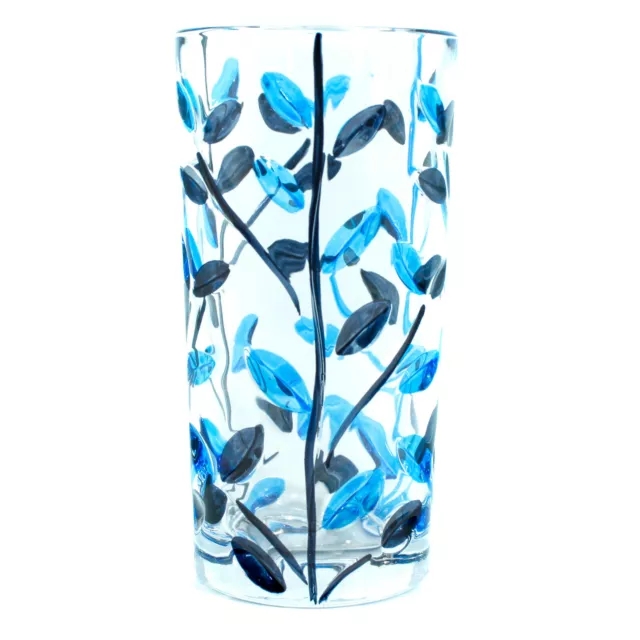 Murano Verre Buvant Verre Gobelet Bleu Noir Main Peint Fleur 398ml