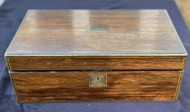 Antique Rosewood & Mahogany Writing Slope Box With Inlaid Brass & secret Drawers