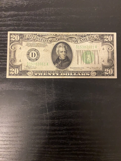 1934 $20 Dollar Bill Federal Reserve Bank Of Cleveland Ohio Banknote D15383961A