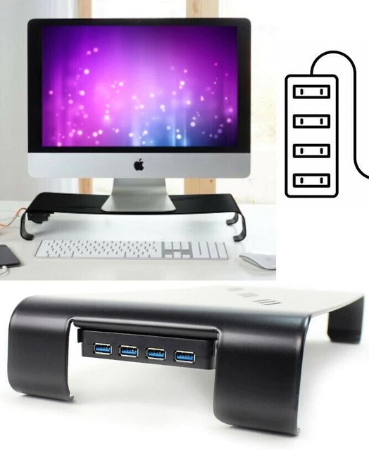 MONITOR RISER LAPTOP Stand Black Aluminium 4 Port USB Hub Desk Computer