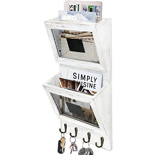 Rustic Wooden Mail Holder Wall Mounted with 4 Key Hooks, Wooden Mail White