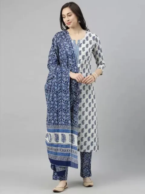Indian Women's Beautiful Kurti Pant Set Cotton Blend Printed Kurta Pajama Set