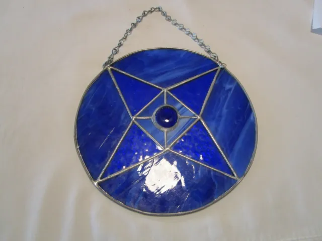 Vintage Stained Leaded Glass Art Round Wall Window Cobalt Blue Slag glass 9 ¾” W