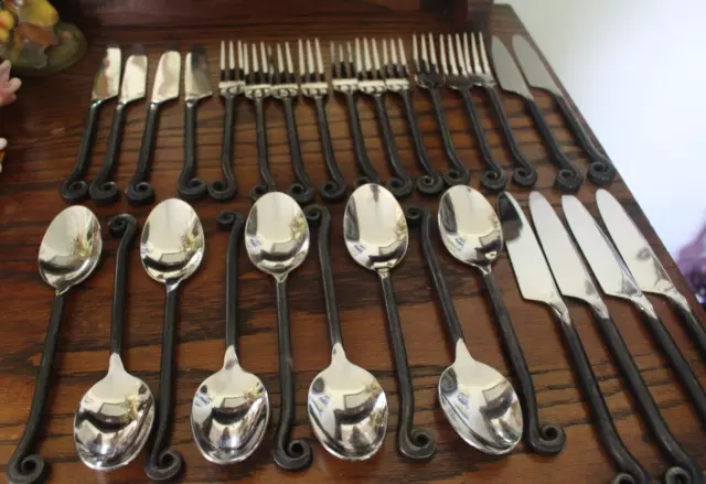 Stunning gs Hand Forged Wrought Iron Stainless Flatware Silverware LOT 29 PIECES