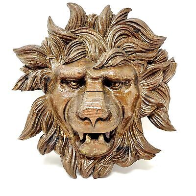 Vintage Hand Carved Wood Lion Head Wall Mount Large 14"  Sculpture Hanging Decor