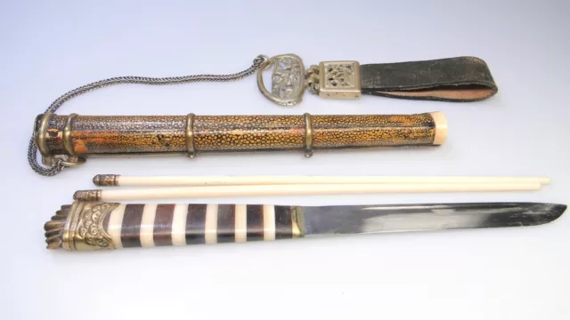 Antique Chinese Tibetan Traveling Trousse Knife & Chopsticks w Leather Strap