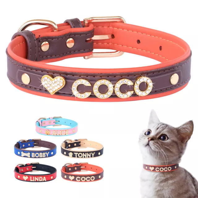 Cute Personalized Leather Dog Cat Collar DIY Sparkle Name Letters Charms Yorkie