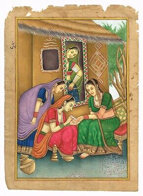 Moghol Miniature Ancien Peinture De Femmes Décoré Main Avec Heenah / Mehndi