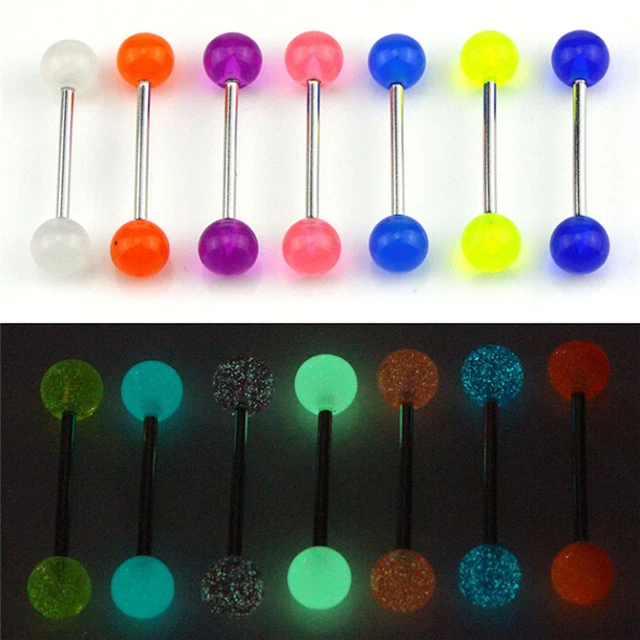 7PCS/Set Glow In The Dark Luminous Barbell Tongue Rings Body Piercing _tu