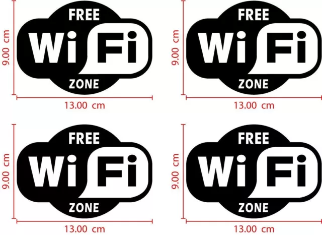 4 Adesivi Wifi Gratis Free Zone per vetrina muri vetri 13 x 9 cm.