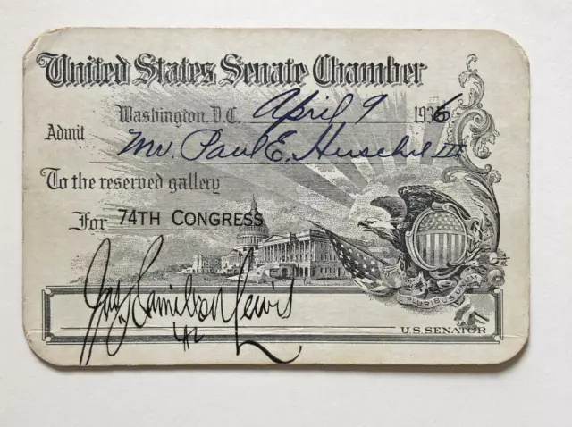 1936 U.S. Senate Chamber Pass Signed Sen. James H. Lewis (D- IL) 74th Congress