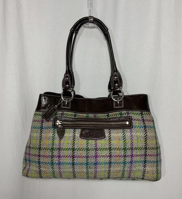 $298 Coach Penelope Tattersall Plaid Wool Tweed Patent Leather Tote Bag F15456