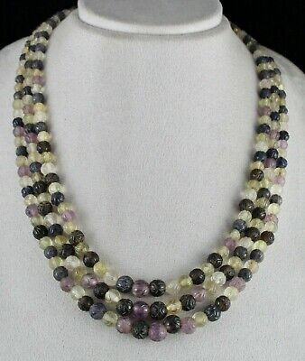 Old Multi Natural Semi Precious Carved Beads 3 Line 578 Cts Gemstone Necklace