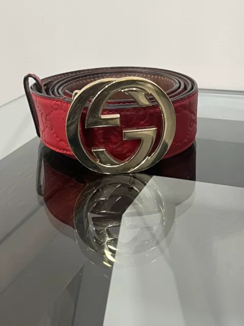 Rare Vintage Gucci  Red Leather Monogram Belt Interlocking GG Gold Size 110/44