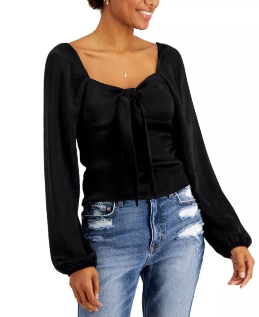 MSRP $39 Just Polly Juniors' Tie-Front Top Black Size Medium