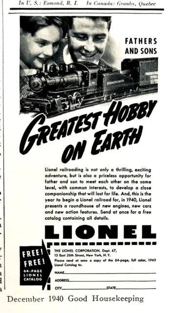 Lionel Trains—Greatest Hobby On Earth—Catalog Request—Original 1940 Print Ad