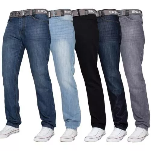 Enzo Jeans Hommes Droit Jambe Pantalon Ceinture Coupe Standard Tailles UK