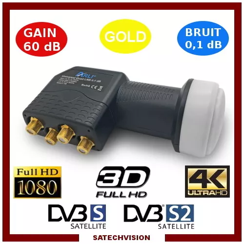 LNB Quad Tête Universelle 0,1 dB Gain 60 dB Full HD 3D Ultra HD 4K Gold