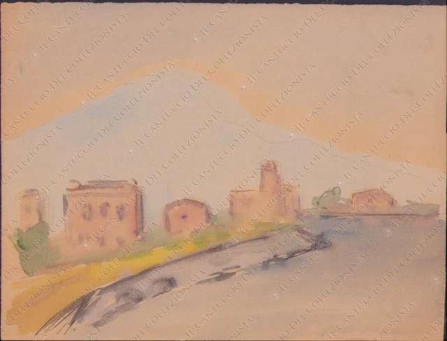 Disegno panorama laguna case sulla riva Acquerello