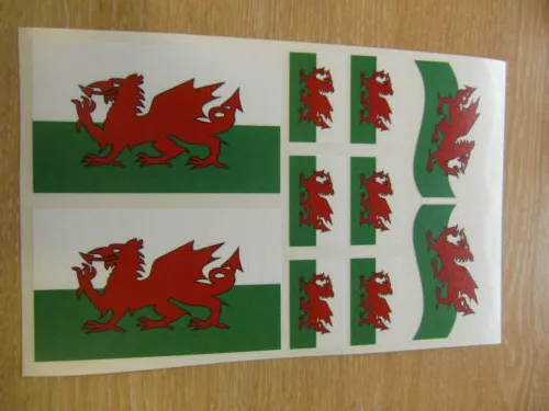 WELSH FLAG STICKERS SHEET SIZE 21cm x 14cm - WALES - DRAGON - DECALS