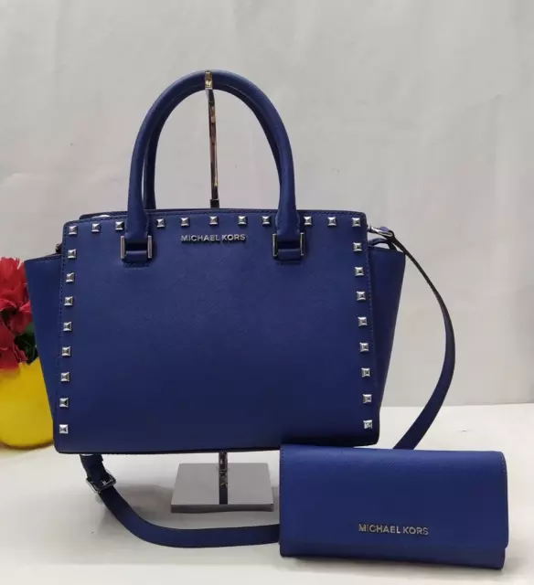 Michael Kors Selma Blue Leather Studded Top Handle Zipper Satchel Bag w/ Wallet