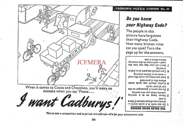 CADBURYS Chocolate & Cocoa Highway Code Puzzle ADVERT Small 1952 Print Ad 162/09