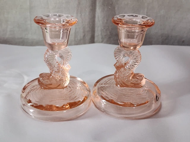 Vintage Tiffin Pink Depression Glass Dolphin Koi Fish Candlestick Holder 4" H