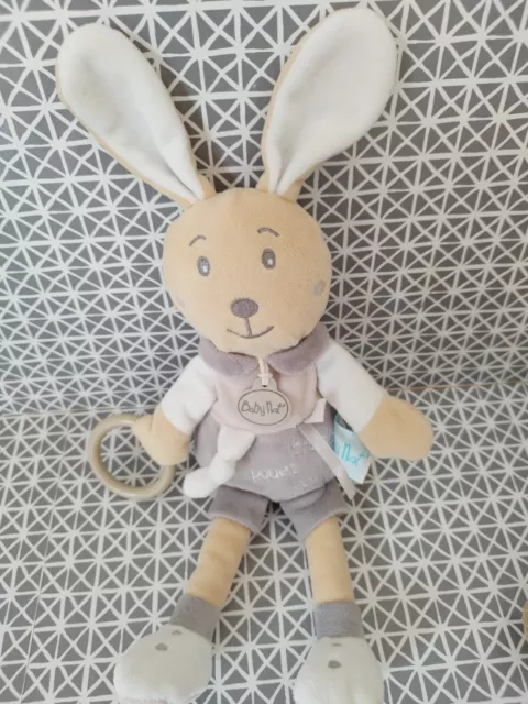 Doudou peluche pantin lapin beige blanc gris d'Activité Tralala Pouet Baby Nat'