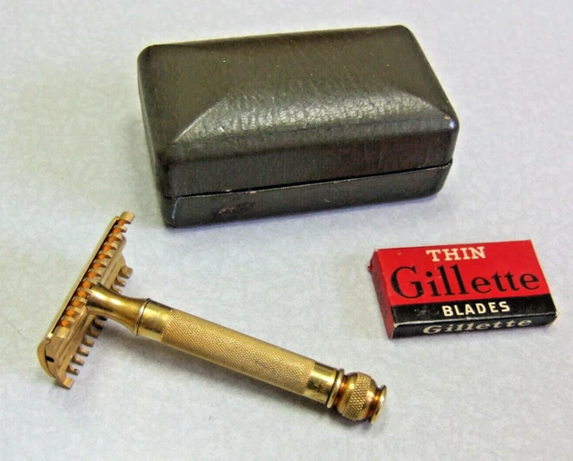Vintage Gillette NEW BALL HANDLE Open comb Double Edge Safety Razor Set in Case