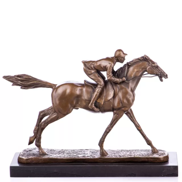Bronzefigur Skulptur Jockey Pferd Rennen Sport Statue Bronze auf Marmorsockel