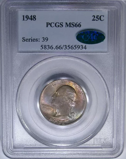 1948 25C Pcgs / Cac Ms66 Washington ~ Beautiful Pastel Rainbow! 2