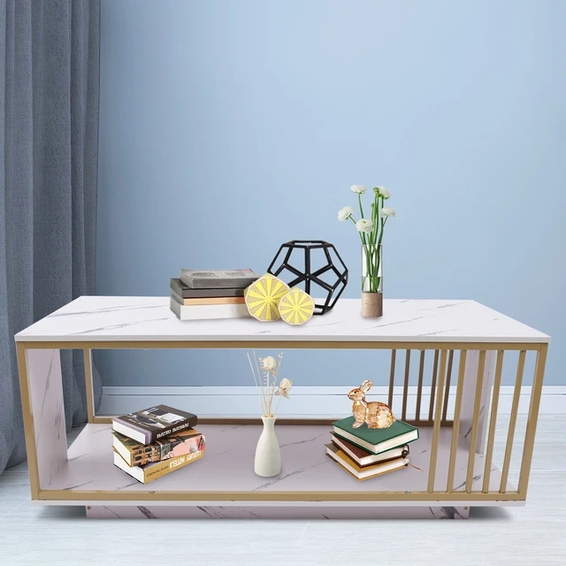 Glossy Coffee Table Modern Living Room Table TV Stand with Marble Print 100*50CM