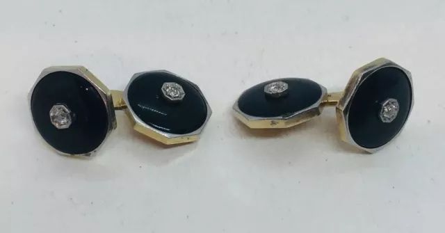 Antique Art Déco 14k or Jaune Diamant & Onyx Noir Octogone Boutons Manchette