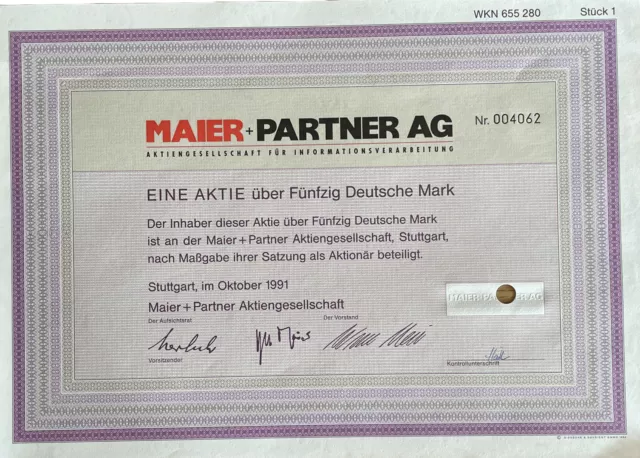 Maier + Partner AG 50 DM Aktie Stuttgart 1991 gelocht