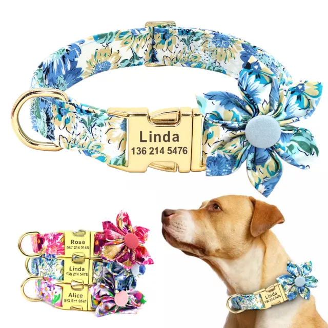 Cute Flower Dog Collar Personalised Customised Pet Puppy Name Number Engraved