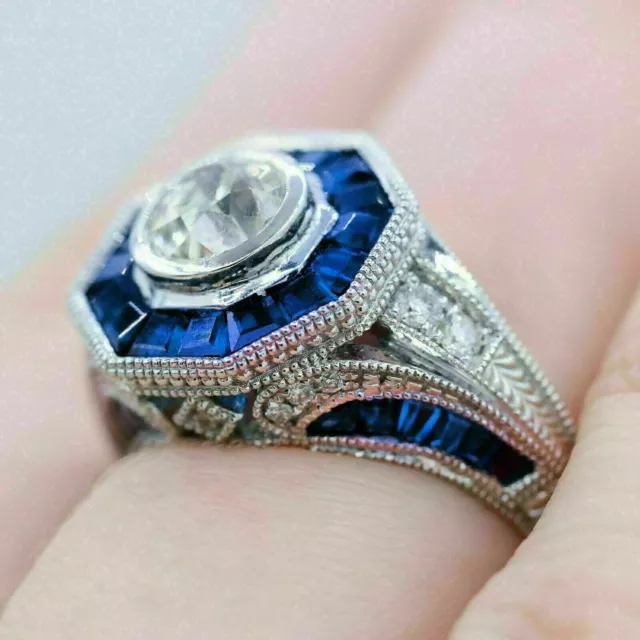 3.89 Ct Round Cut Lab-Created Diamond Hexagonal Halo Style 1920's Vintage Rings