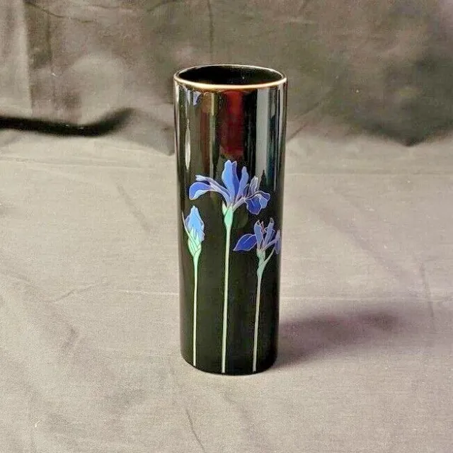 Vintage Otagiri Blue Iris Porcelain Oval Vase Black Gold Blues 6.75" Tall