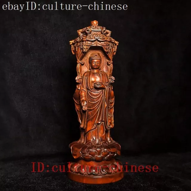 H 7.8 in Old Chinese Boxwood Hand Carved Buddhism Guanyin Kwan-yin Buddha Statue