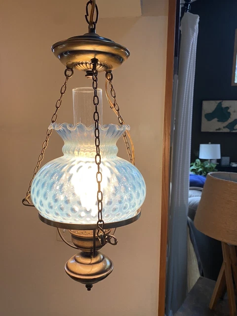 Powdered Blue Glass Swag Lamp Hanging Vintage Fixture 1970’s Hurricane Shade