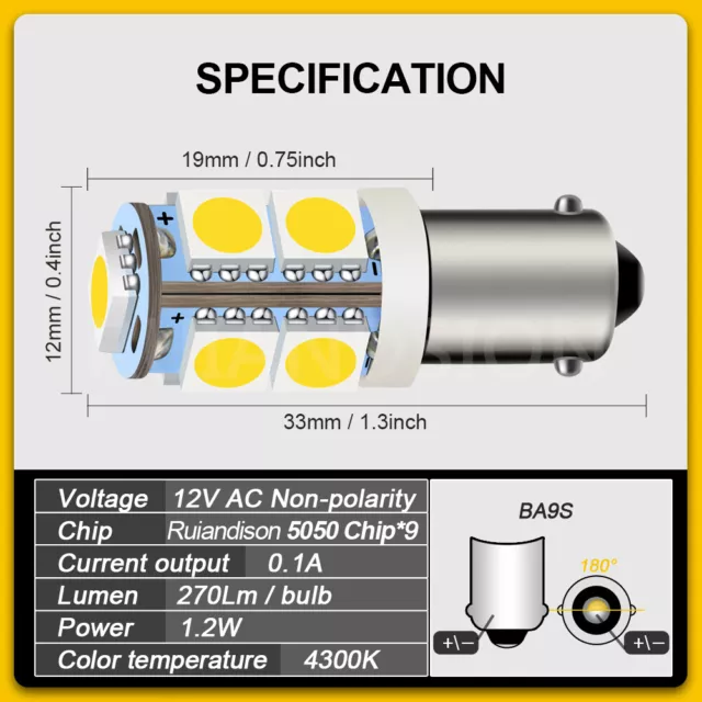 BA9S Blanc Chaud LED Tableau De Bord Lumière Tableau De Bord Carte Ampoule AC12V 2