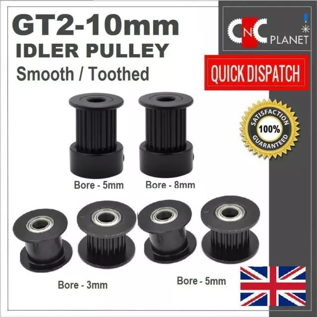 GT2 10mm Timing Belt Smooth Tooth Idler Drive Pulley 20 Teeth Bore 3mm 5mm Black