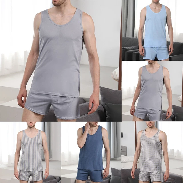 Uomo Cotone Set Pigiama Gilet senza Maniche Pantaloncini Pigiama Riposo
